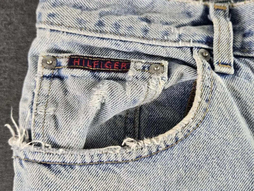 Vintage 90s Tommy Hilfiger Shorts Mens 33 Blue Denim Distressed Cutoff Jorts